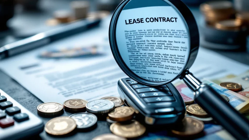 Moderne autosleutel op eurobiljetten met vergrootglas dat leasingcontract inspecteert, calculator en pen erbij