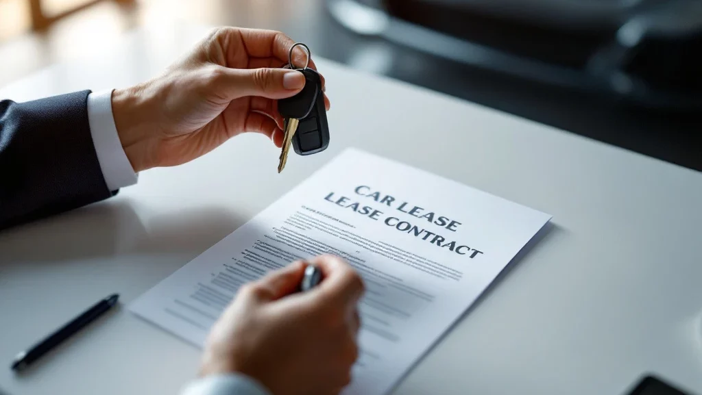 Handen houden autosleutels boven auto lease contract op wit bureau met luxeauto op achtergrond