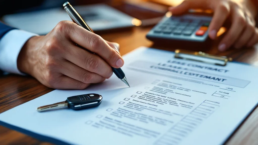 Handen die een auto lease verlengingscontract tekenen op houten bureau met autosleutel en miniature auto model