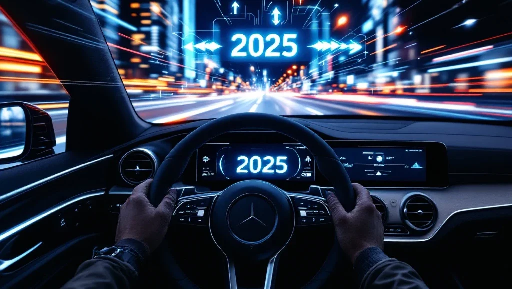 Modern autodashboard met holografische "2025" display boven stuur, stadslandschap met lichtsporen door voorruit