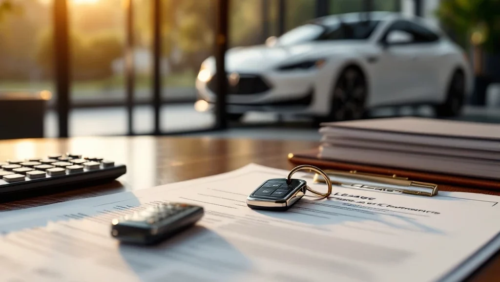 Autosleutel met sleutelhanger op houten bureau naast leasecontracten en rekenmachine, witte luxeauto op achtergrond