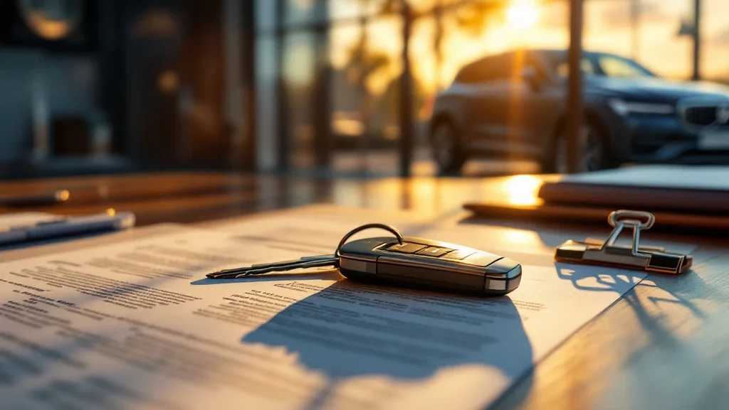 Moderne autosleutel op lease documenten op houten bureau met luxe auto op achtergrond in zonlicht
