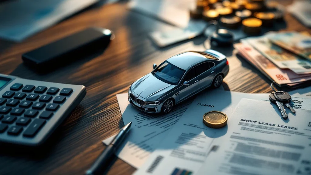 Bovenaanzicht van modern bureau met automodeltje, sleutels, financiële documenten en eurobiljetten voor lease-opties