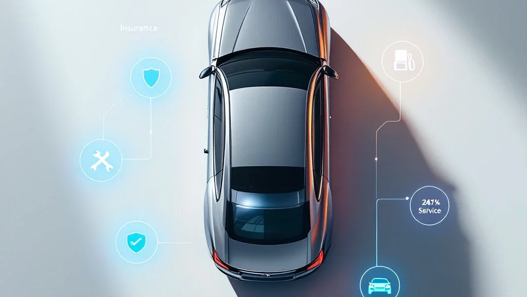 Moderne auto van bovenaf met zwevende transparante pictogrammen voor leasevoordelen zoals verzekering en onderhoud