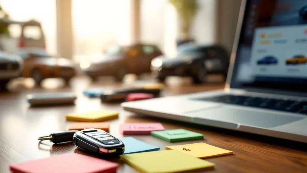 Moderne autosleutel op bureau naast laptop met voertuigkeuze-interface en sticky notes met leasetermijnen van 1-6 maanden