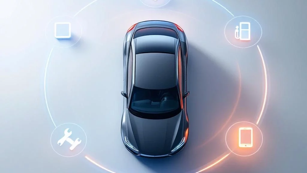 Moderne auto van bovenaf met zwevende pictogrammen voor leaseopties zoals verzekering, onderhoud en navigatie