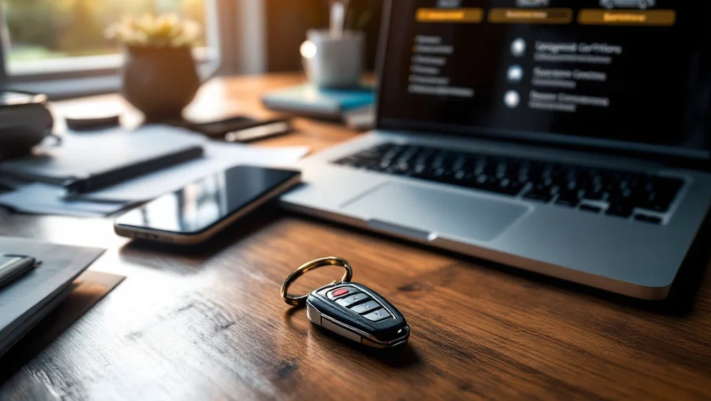 Moderne autosleutel met Select Car Lease logo op houten bureau naast laptop met upgrade-opties en smartphone