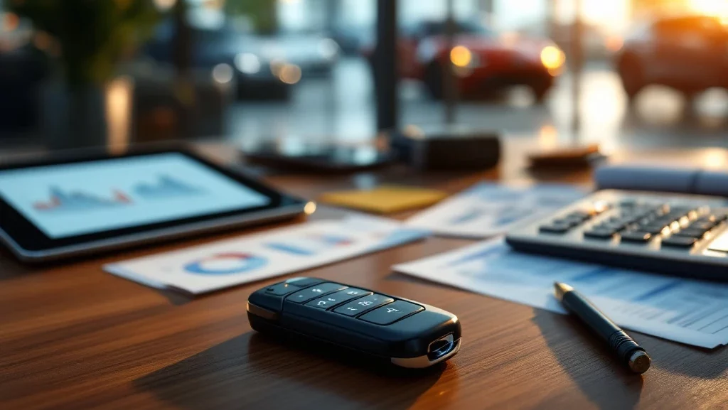 Autosleutel op houten bureau met tablet, calculator en grafieken voor lease-optimalisatie in autoshowroom