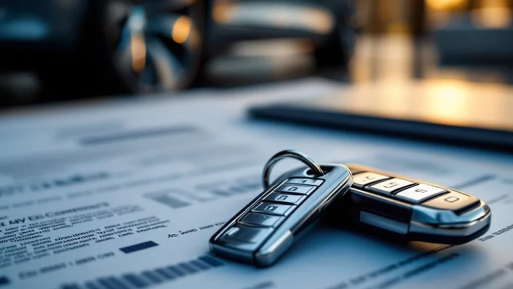 Autosleutels op financiële contracten met luxe auto op achtergrond, gouden verlichting benadrukt lease-documenten