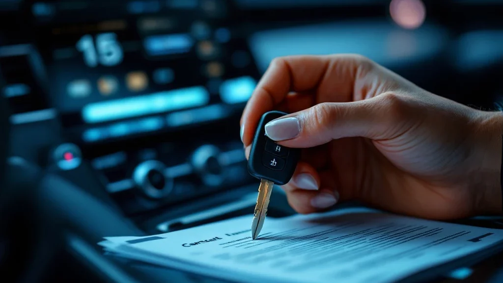 Elegante handen houden autosleutel vast tegen modern dashboard met contractdocumenten, symboliseert flexibele short lease