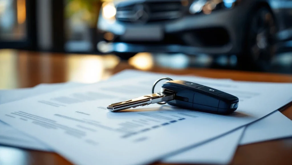 Moderne autosleutel op lease documenten op houten bureau met luxe sedan op achtergrond