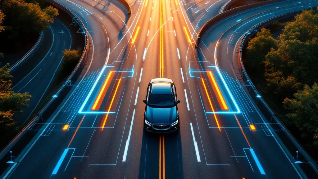 Moderne auto op snelwegknooppunt met meerdere wegvertakkingen tijdens gouden uur, digitale snelheidslijnen in blauw-oranje