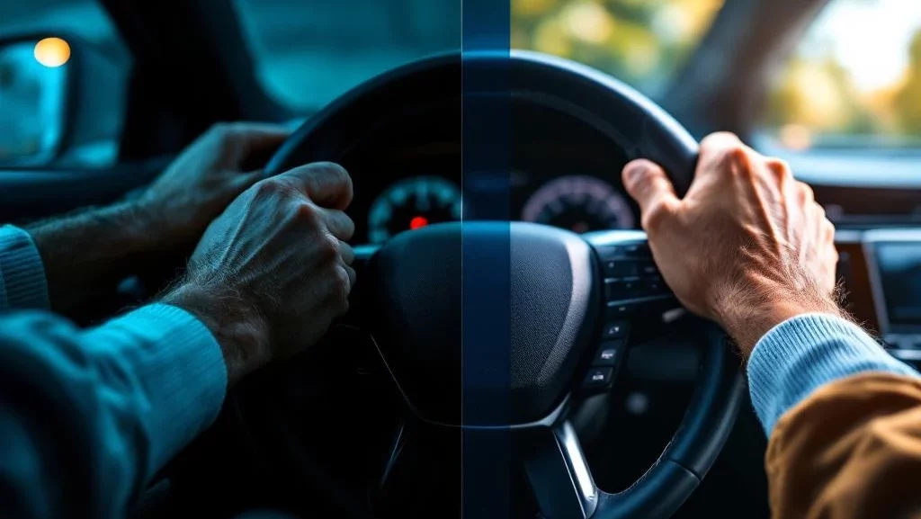 Gesplitst beeld: gestresste handen op versleten stuur links, zelfverzekerde handen op luxe lederen stuur rechts