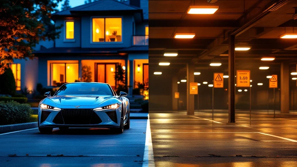 Vergelijking autoleasing: luxe auto bij modern huis versus lege parkeerplaats met waarschuwingsborden en calculator