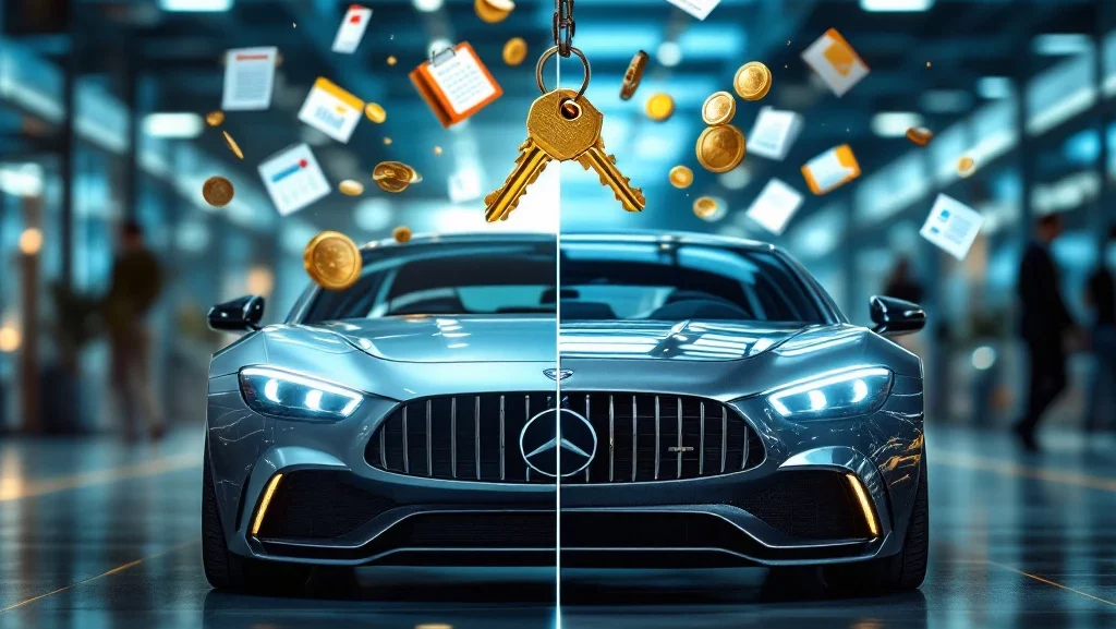 Twee auto's zij aan zij: linker met gouden leasesleutels en flexibele contractsymbolen, rechter met zware muntenketting