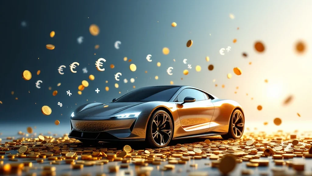 Moderne auto omringd door zwevende rekenmachine-elementen, eurosymbolen en gouden munten voor autolease diensten