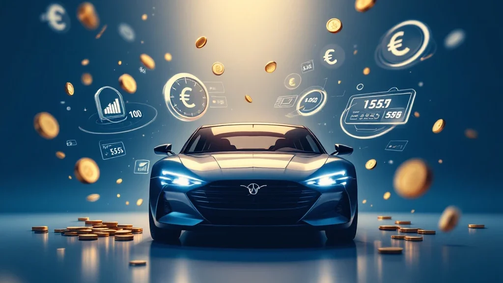 Moderne auto omringd door zwevende rekenmachine-elementen, eurosymbolen en kostengrafieken voor financiële planning