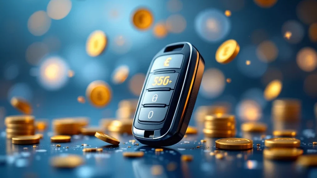 Moderne autosleutel omringd door transparante prijslabels en eurosymbolen op blauwe achtergrond voor leasing