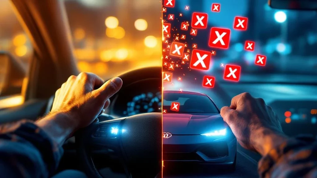 Gefrustreerde bestuurder grijpt stuur vast naast auto met waarschuwingssymbolen en rode kruizen