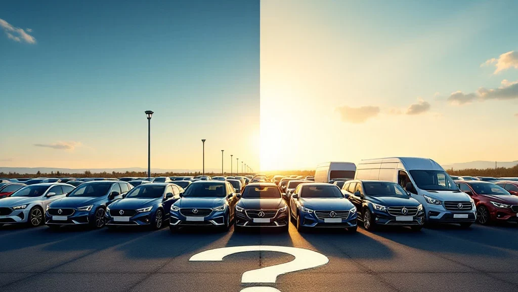 Diverse voertuigen in rijen - compacte stadsauto's tot luxe sedans en bedrijfswagens onder professionele verlichting