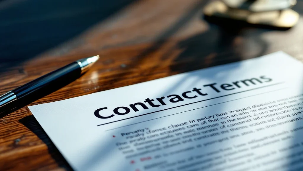 Autocontract met rode waarschuwingssymbolen bij sanctieclausules, autosleutel en pen op houten bureau