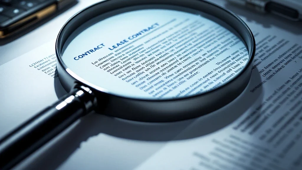 Vergrootglas toont kleine lettertjes in autolease contract, met autosleutel op wit bureau