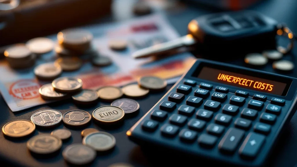 Calculator toont onverwachte kosten omringd door eurobiljetten en munten op autodashboard met leasedocumenten