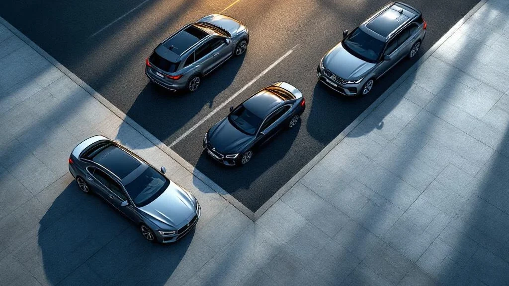 Drie auto's in driehoekige compositie tonen verschillende leaseopties: sedan, compacte auto en luxe SUV van bovenaf