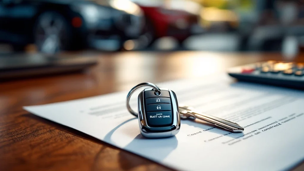 Select Car Lease autosleutel op mahonie bureau naast contractdocumenten in luxe showroom met zachte verlichting