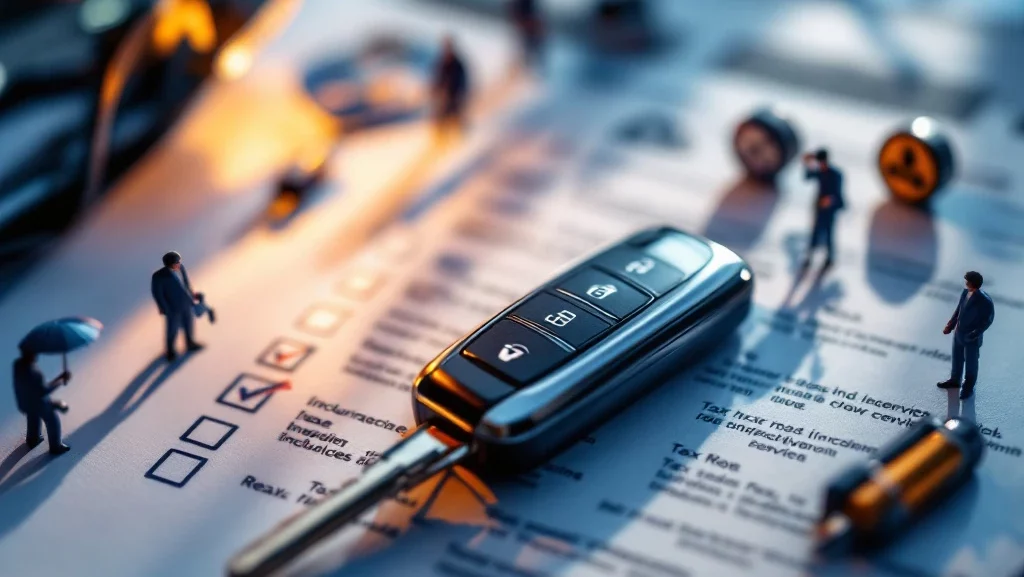 Moderne autosleutel op lease documenten met service iconen zoals verzekering, onderhoud en wegenhulp symbolen