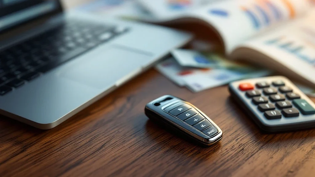 Select Car Lease autosleutel op houten bureau met financiële documenten, rekenmachine en laptop voor lease berekeningen