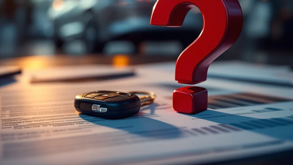 Autosleutels op leasedocumenten met vraagteken symbool, zilveren auto op achtergrond, professionele verlichting