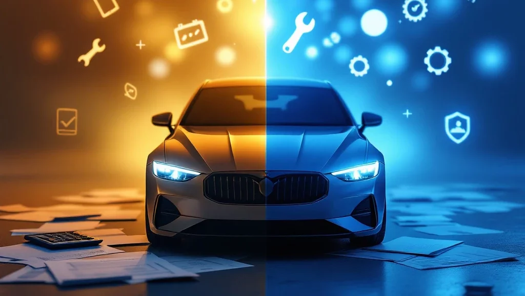 Vergelijking autolease: links auto met financiële documenten, rechts identieke auto met service-iconen voor onderhoud