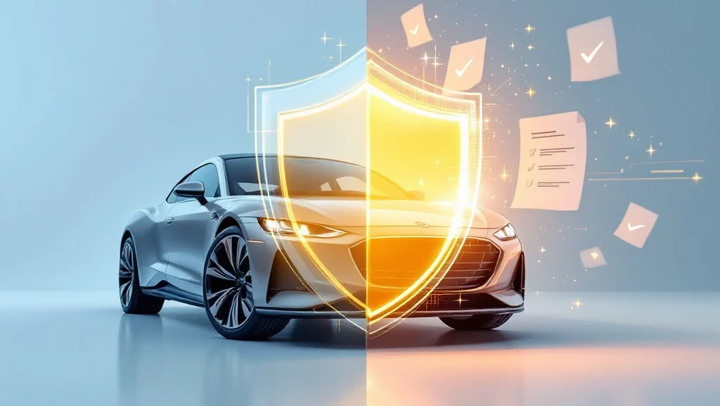 Moderne auto met beschermingsschild naast verzekeringsformulieren met vinkjes op witte achtergrond