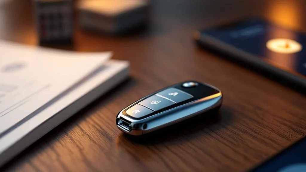 Moderne autosleutel op houten bureau met calculator, documenten en smartphone die leasevoordelen tonen