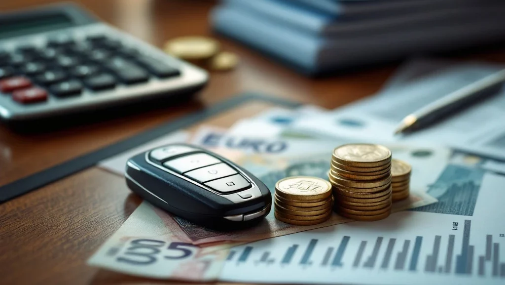 Autosleutel naast eurobankbiljetten, munten, rekenmachine en documenten op houten bureau voor autofinanciering