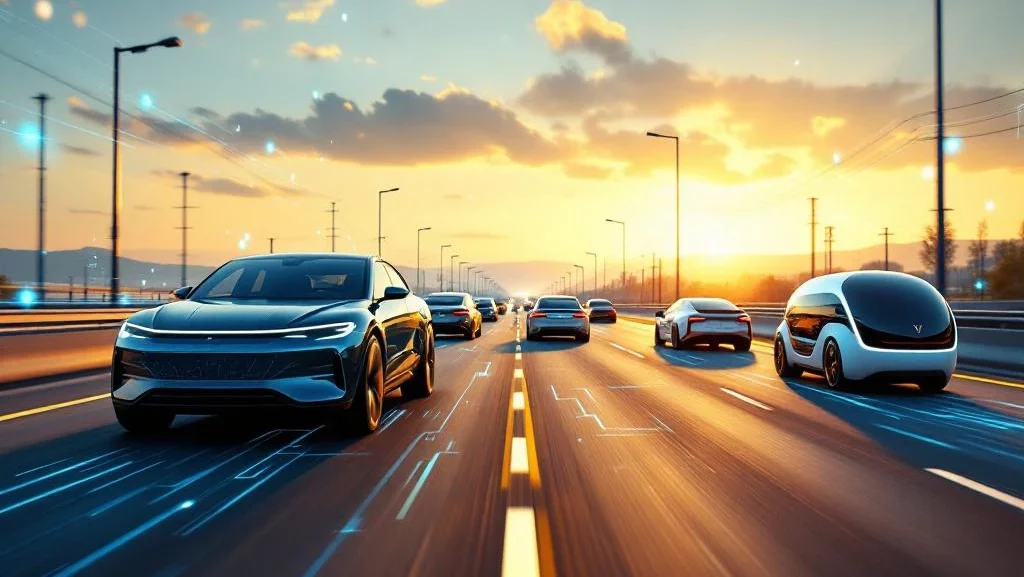 Futuristische snelweg met autonome elektrische voertuigen en traditionele auto's tijdens gouden uur, holografische dataverbindingen zichtbaar