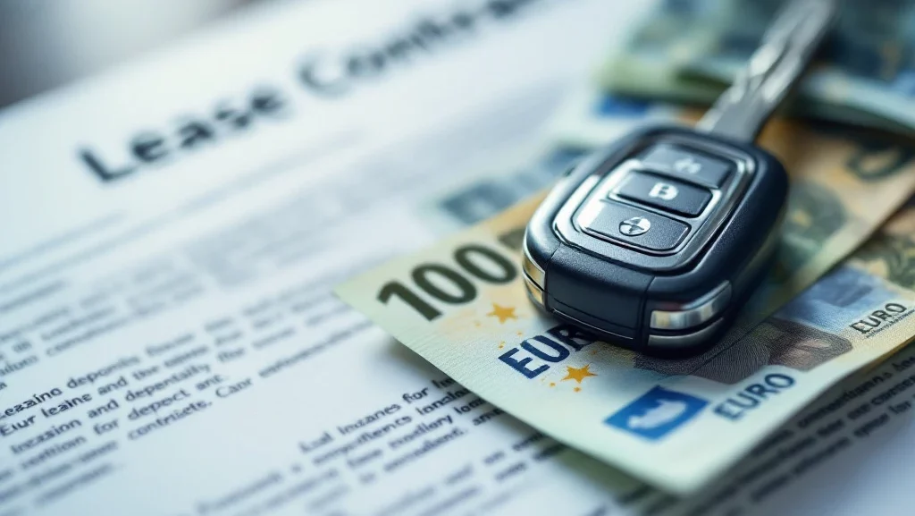 Moderne autosleutel op stapel eurobiljetten met leasecontract, symboliseert financiële aspecten van auto leasen