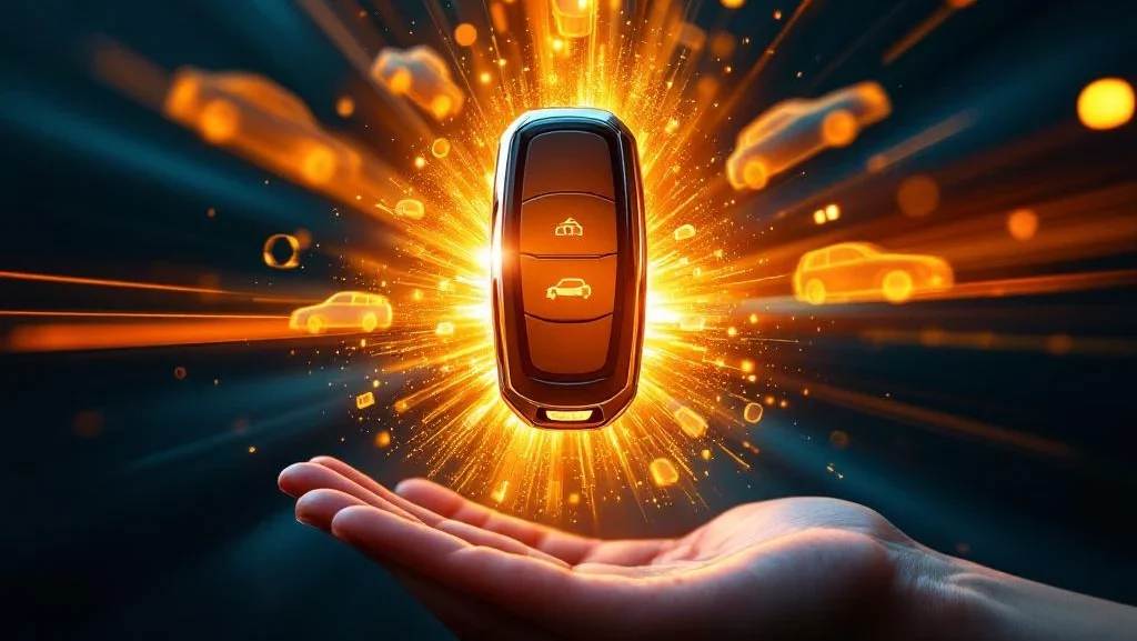 Moderne autosleutel zweeft boven open hand met bewegingsonscherpte en auto-silhouetten op blauworanje achtergrond