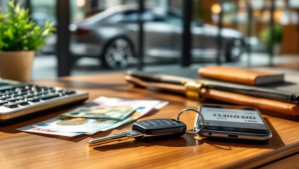Moderne autosleutel op houten bureau naast calculator, eurobiljetten en smartphone met leasecontract interface