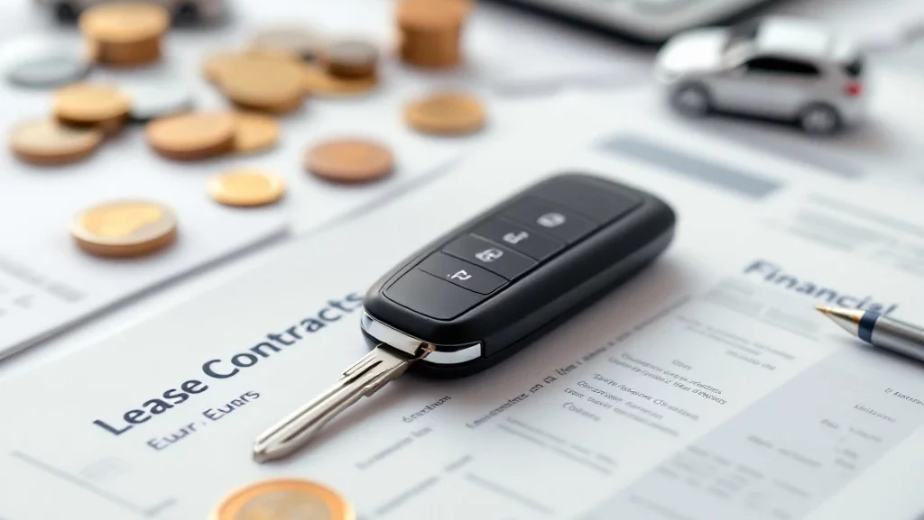 Moderne autosleutel op financiële documenten met miniatuur luxeauto's, euromunt en calculator op witte achtergrond