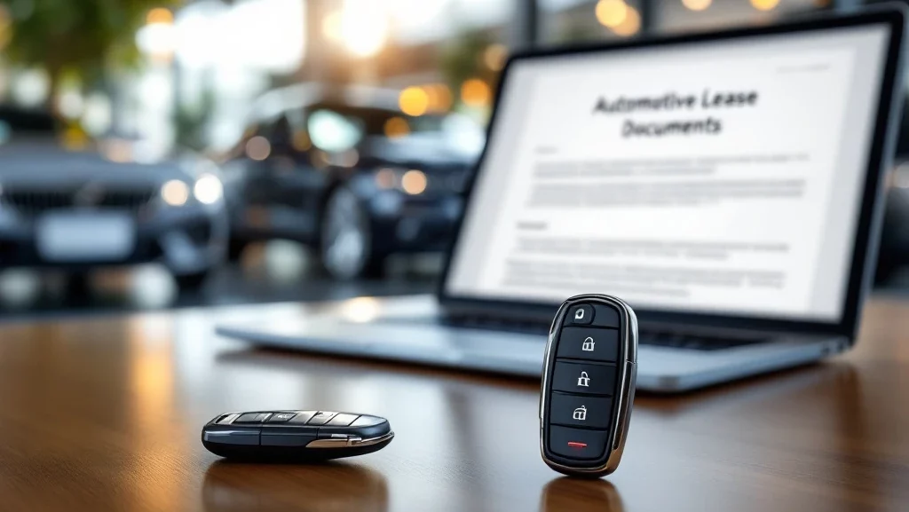 Moderne autosleutel op houten bureau met laptop met leasedocumenten en luxe autoshowroom op achtergrond
