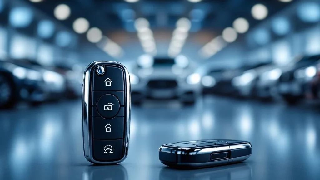 Select Car Lease sleutel op voorgrond met diverse voertuigen van stadsauto's tot luxe sedans op achtergrond