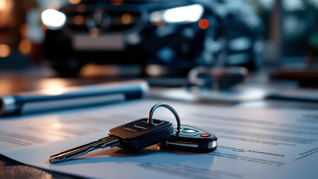 Autosleutels op leasedocumenten met moderne auto op achtergrond, professionele automotive dienstverlening