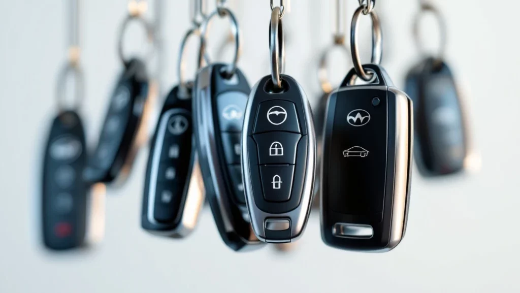 Moderne autosleutels van verschillende merken zwevend tegen witte achtergrond, symboliseert flexibiliteit in autolease