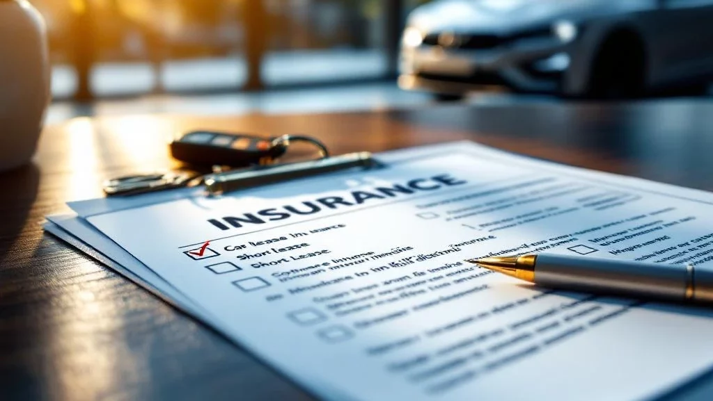 Verzekeringsformulieren met officiële stempels en autosleutels op houten bureau, auto zichtbaar door raam op achtergrond