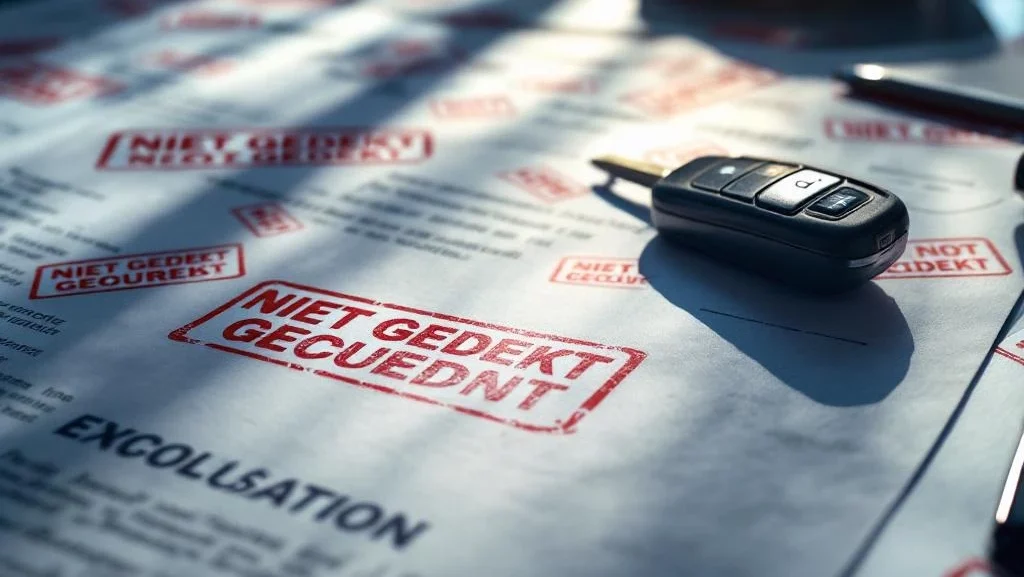 Autoverzekeringsdocumenten met rode "NIET GEDEKT" stempels, autosleutels en lease contract op bureau