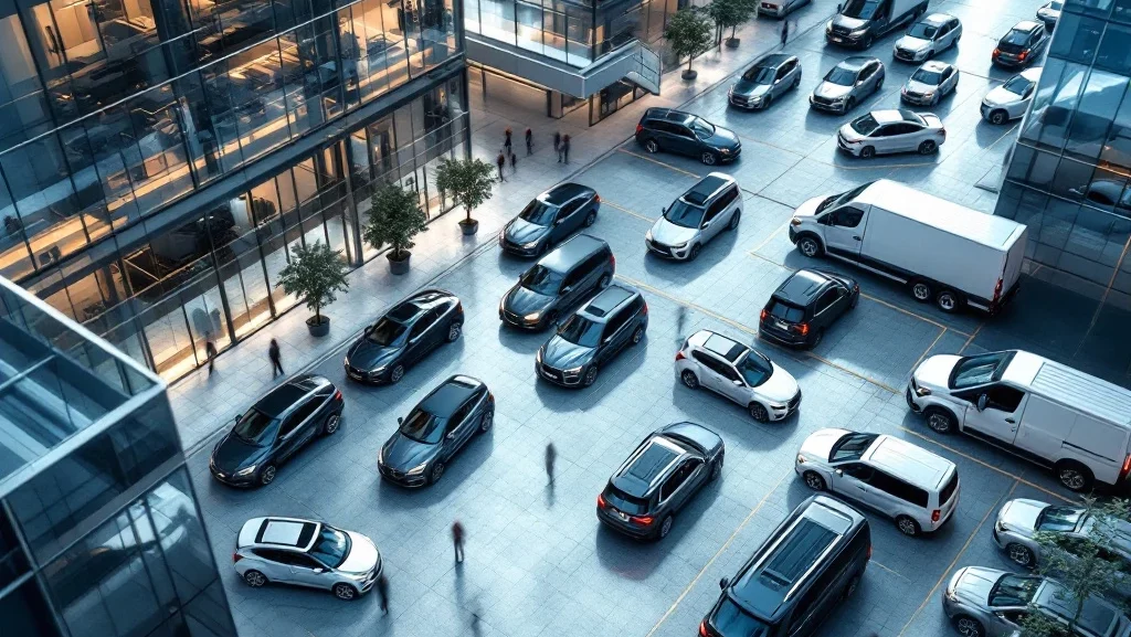 Luchtfoto van moderne zakenwijk met glazen kantoorgebouwen en gevarieerde vloot bedrijfsvoertuigen in parkeergarage