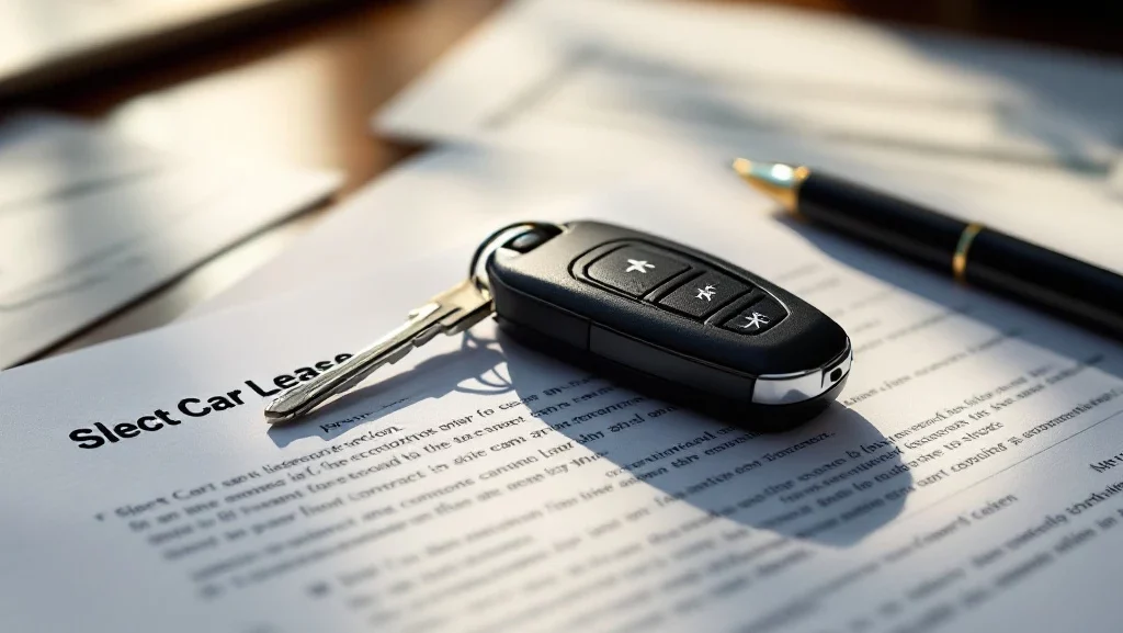 Moderne autosleutel op contractdocumenten met shortlease terminologie op houten bureau, professionele bedrijfssfeer