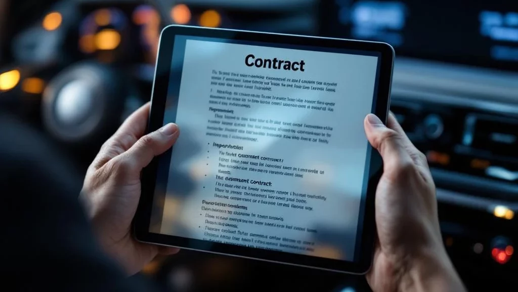 Handen houden tablet met digitaal contract op autodashboard, luxe auto-interieur met leren stoelen op achtergrond